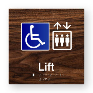 Accessible Lift Braille Sign in Dark Woodgrain Tactile Printed Acrylic