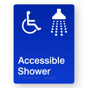 Accessible Shower Braille Sign in Portrait Blue Acrylic