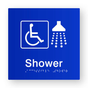 Accessible Shower Braille Sign in Blue Tactile Printed Acrylic
