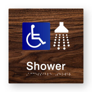 Accessible Shower Braille Sign in Dark Woodgrain Tactile Printed Acrylic