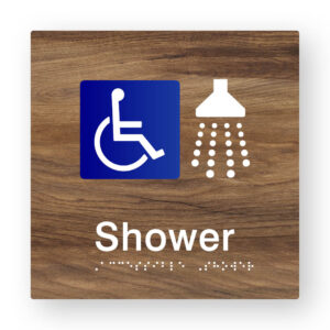 Accessible Shower Braille Sign in Mid-Tone Woodgrain Tactile Printed Acrylic