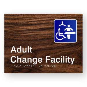 Adult Change Facility Braille Sign in Dark Woodgrain Tactile Printed Acrylic