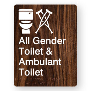All Gender Toilet & Ambulant Toilet Braille Sign in Portrait Dark Woodgrain - Image 1