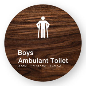 Boys Ambulant Toilet Braille Sign on a Tactile Printed Dark Woodgrain Acrylic Disk - Image 1