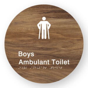 Boys Ambulant Toilet Braille Sign on a Tactile Printed Mid-Woodgrain Acrylic Disk - Image 1