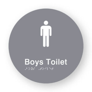 Boys Toilet Braille Sign on a Tactile Printed Grey Acrylic Disk
