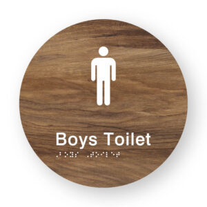 Boys Toilet Braille Sign on a Tactile Printed Mid-Woodgrain Acrylic Disk
