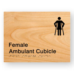 Female Ambulant Cubicle Braille Sign in Woodgrain Tactile Printed Acrylic - Image 1