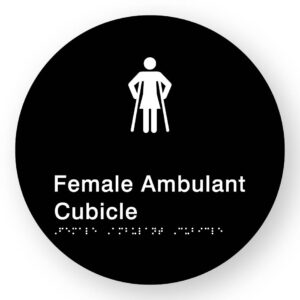 Female Ambulant Cubicle Braille Sign on a Tactile Printed Black Acrylic Disk - Image 1