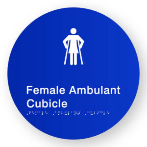 Female Ambulant Cubicle Braille Sign on a Tactile Printed Blue Acrylic Disk - Image 1