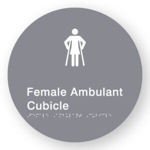 Female Ambulant Cubicle  Braille Sign on a Tactile Printed Grey Acrylic Disk