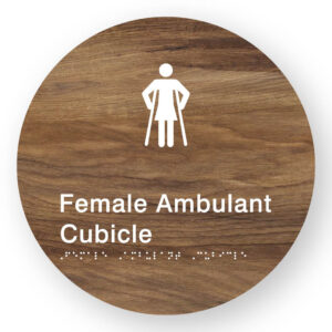 Female Ambulant Cubicle Braille Sign on a Tactile Printed Mid-Woodgrain Acrylic Disk - Image 1