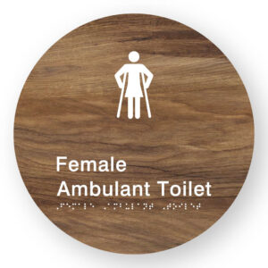 Female Ambulant Toilet Braille Sign on a Tactile Printed Mid-Woodgrain Acrylic Disk - Image 1