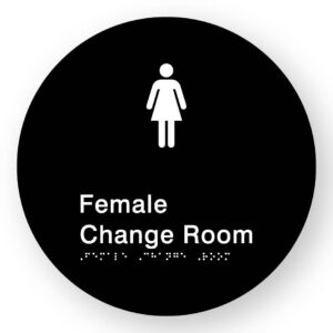 Female Change Room Braille Sign on a Tactile Printed Black Acrylic Disk - Image 1