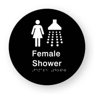 Female Shower Braille Sign on a Tactile Printed Black Acrylic Disk - Image 1