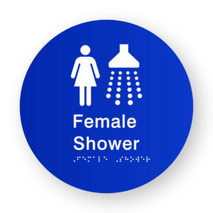 Female Shower Braille Sign on a Tactile Printed Blue Acrylic Disk - Image 1