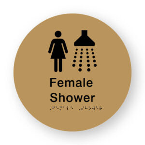 Female Shower Braille Sign on a Tactile Printed Gold Acrylic Disk - Image 1