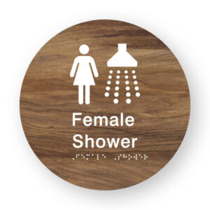 Female Shower Braille Sign on a Tactile Printed Mid-Woodgrain Acrylic Disk - Image 1