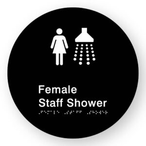 Female Staff Shower Braille Sign on a Tactile Printed Black Acrylic Disk