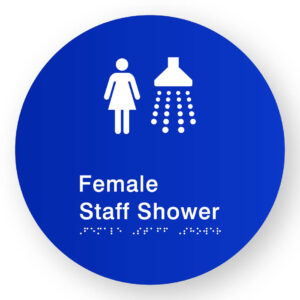 Female Staff Shower Braille Sign on a Tactile Printed Blue Acrylic Disk - Image 1