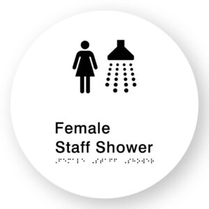 Female Staff Shower Braille Sign on a Tactile Printed White Acrylic Disk - Image 1