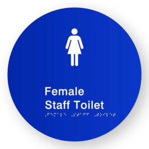 Female Staff Toilet Braille Sign on a Tactile Printed Blue Acrylic Disk - Image 1