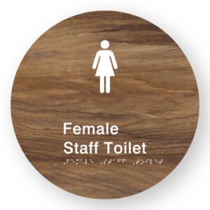 Female Staff Toilet Braille Sign on a Tactile Printed Mid-Woodgrain Acrylic Disk - Image 1