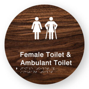 Female Toilet & Ambulant Toilet Braille Sign on a Tactile Printed Dark Woodgrain Acrylic Disk - Image 1