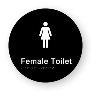 Female Toilet Braille Sign on a Tactile Printed Black Acrylic Disk - Image 1