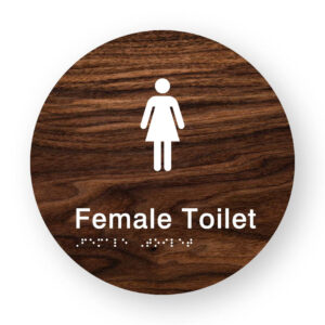 Female Toilet Braille Sign on a Tactile Printed Dark Woodgrain Acrylic Disk - Image 1