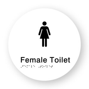 Female Toilet Braille Sign on a Tactile Printed White Acrylic Disk