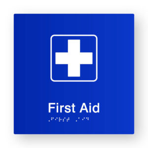 First Aid Braille Sign in Blue Tactile Printed Acrylic - Image 1