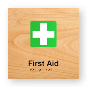 First Aid Braille Sign in Woodgrain Tactile Printed Acrylic - Image 1