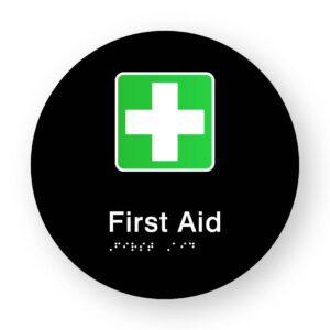 First Aid Braille Sign on a Tactile Printed Black Acrylic Disk - Image 1