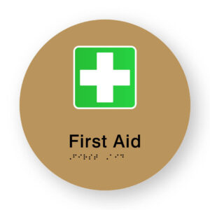 First Aid Braille Sign on a Tactile Printed Gold Acrylic Disk - Image 1