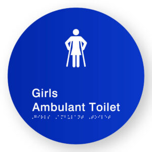 Girls Ambulant Toilet Braille Sign on a Tactile Printed Blue Acrylic Disk - Image 1