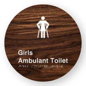 Girls Ambulant Toilet Braille Sign on a Tactile Printed Dark Woodgrain Acrylic Disk - Image 1