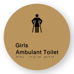 Girls Ambulant Toilet Braille Sign on a Tactile Printed Gold Acrylic Disk - Image 1