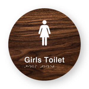 Girls Toilet Braille Sign on a Tactile Printed Dark Woodgrain Acrylic Disk - Image 1