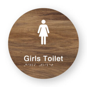 Girls Toilet Braille Sign on a Tactile Printed Mid-Woodgrain Acrylic Disk - Image 1