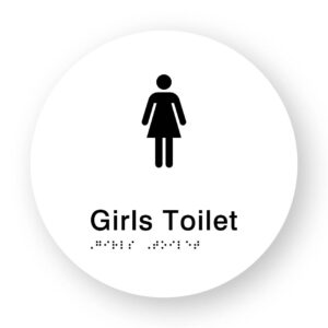 Girls Toilet Braille Sign on a Tactile Printed White Acrylic Disk - Image 1