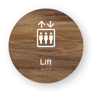 Lift Braille Sign on a Tactile Printed Mid-Woodgrain Acrylic Disk - Image 1