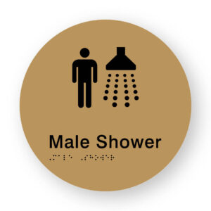 Male Shower Braille Sign on a Tactile Printed Gold Acrylic Disk - Image 1