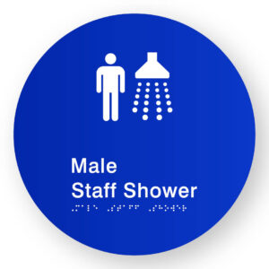 Male Staff Shower Braille Sign on a Tactile Printed Blue Acrylic Disk - Image 1