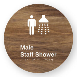 Male Staff Shower Braille Sign on a Tactile Printed Mid-Woodgrain Acrylic Disk - Image 1