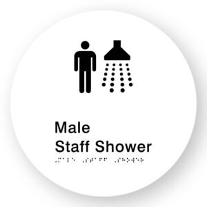Male Staff Shower Braille Sign on a Tactile Printed White Acrylic Disk - Image 1