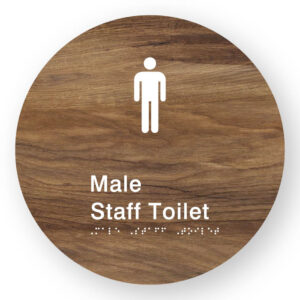 Male Staff Toilet Braille Sign on a Tactile Printed Mid-Woodgrain Acrylic Disk - Image 1