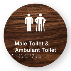 Male Toilet & Ambulant Toilet Braille Sign on a Tactile Printed Dark Woodgrain Acrylic Disk - Image 1