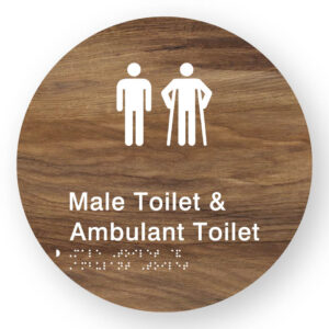 Male Toilet & Ambulant Toilet Braille Sign on a Tactile Printed Mid-Woodgrain Acrylic Disk - Image 1