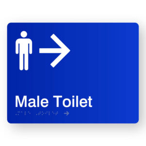 Male Toilet (Right Arrow) Braille Sign in Blue Acrylic